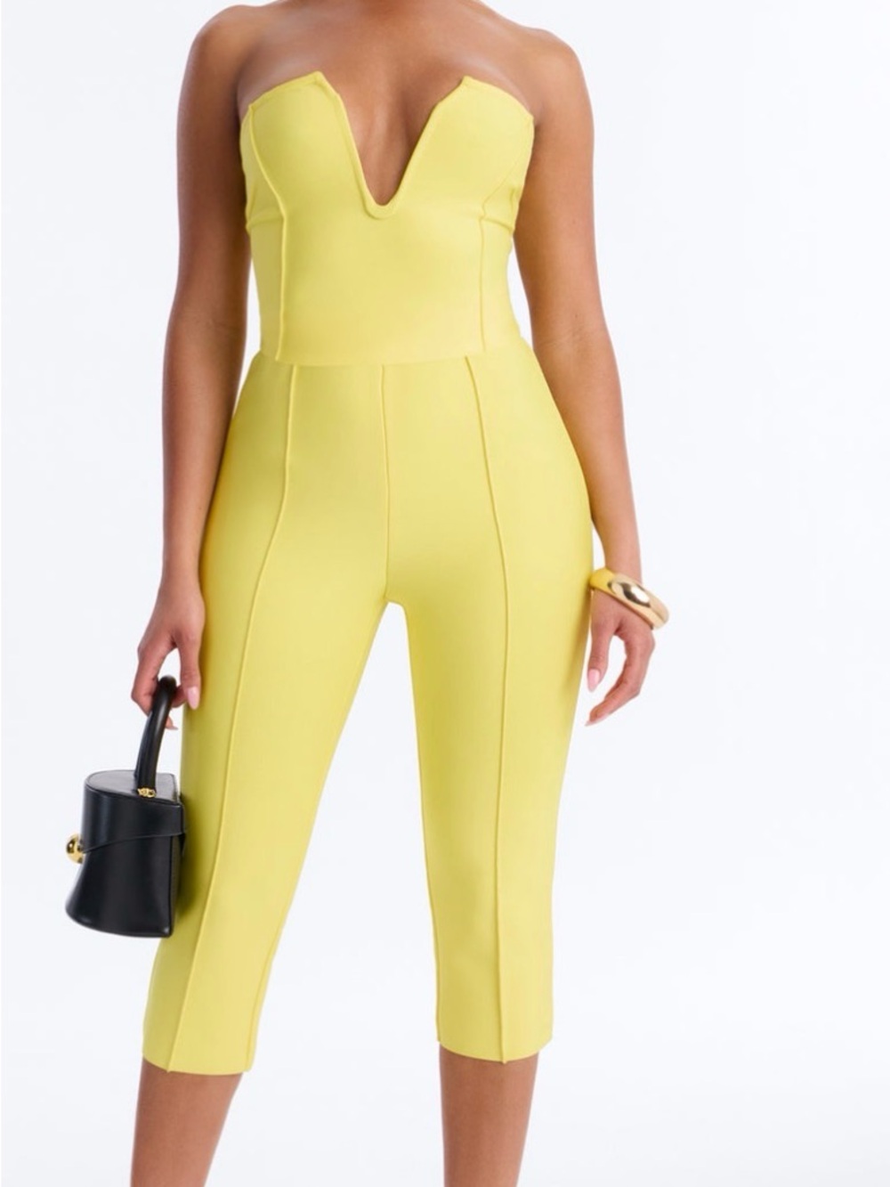 Fashion Nova Strapless Yellow V-Plunge Cropped Jumpsuit